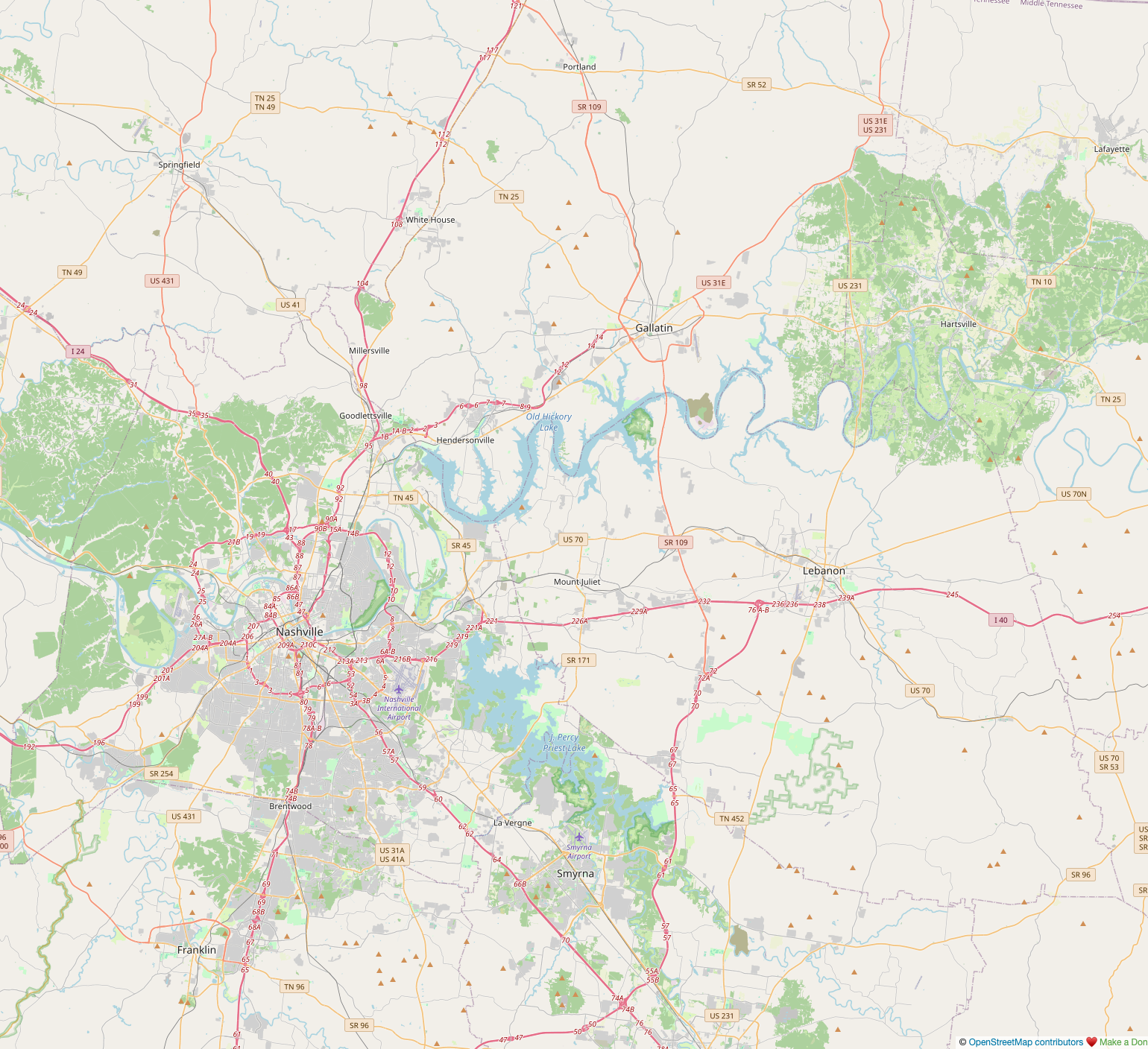 OpenStreetMap crop showing Nashville, Madison, Hendersonville, Gallatin, Mount Juliet, and nearby roads
